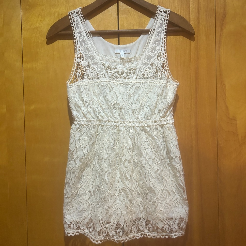 Delias Babydoll Top Size M Y2K Cream Lace V Neck‎ Crochet Boho Fairy Coquette